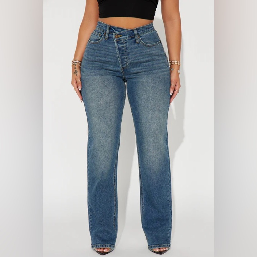 Fashion Nova Blue Crossover Straight Leg Jeans